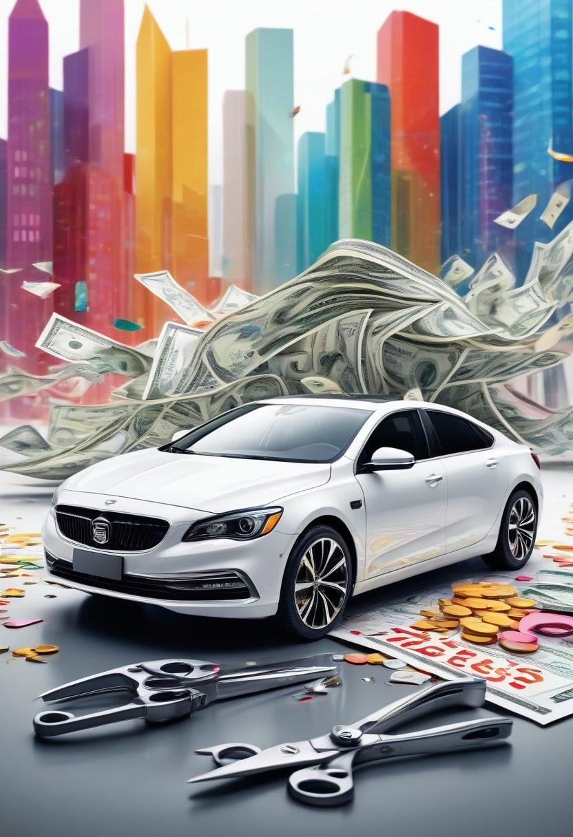 A modern car being shielded by a giant pair of scissors cutting through an insurance policy, with vibrant dollar signs flying away in the background. The scene is set in a bright urban environment, symbolizing savings and smart choices. Incorporate elements like a calculator and graphs to emphasize budget management. super-realistic. vibrant colors. white background.