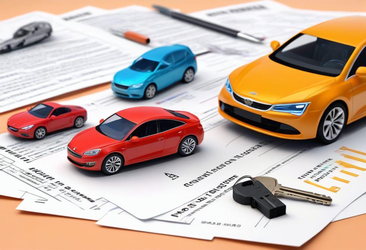 A key unlocking a car with insurance documents scattered around, symbolizing savings and security. A background of various car models, highlighting the variety in automotive coverage. The scene should be bright and inviting, conveying a sense of trust and clarity in choosing car insurance. Include a subtle graph showing declining rates in the corner for a financial touch. vibrant colors. 3D.