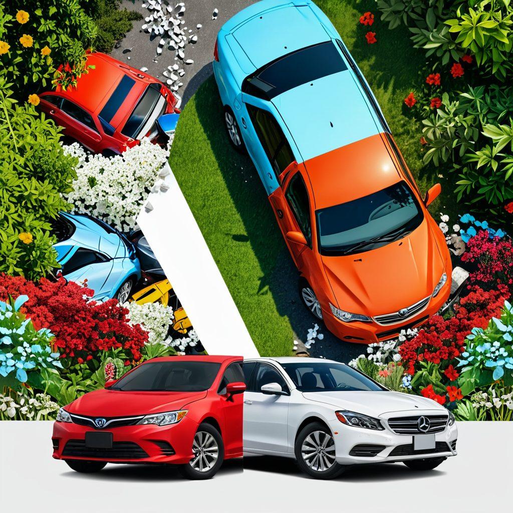 A split image showcasing two car accident scenarios: one featuring a car crash with debris around, symbolizing collision insurance, and the other depicting a peaceful scene with a car surrounded by nature, representing comprehensive insurance. Include icons like shields, paperwork, and dollar signs in a harmonious layout. Bright colors and a clear sky background. super-realistic. vibrant colors. white background.